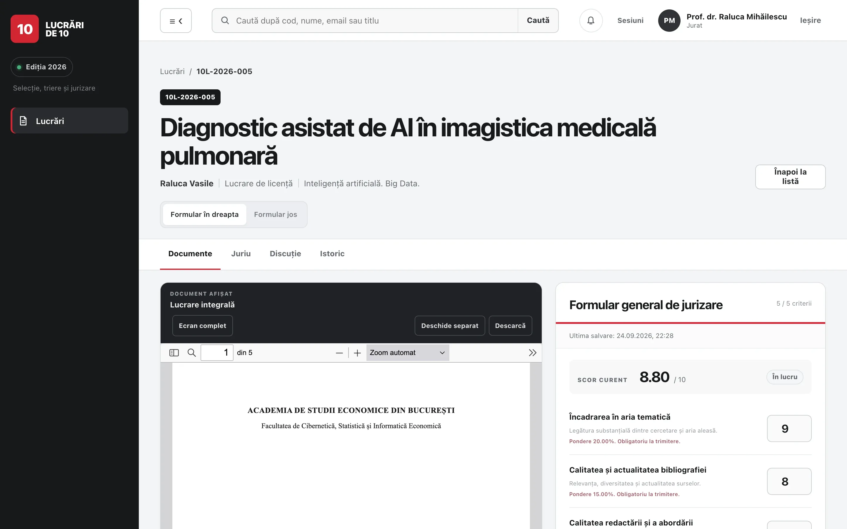 Spațiul de lucru al unui jurat: lucrarea în vizualizatorul PDF și formularul de jurizare, cu date demo