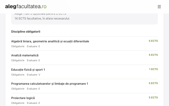 Planul de învățământ al unui program, cu disciplinele și creditele ECTS