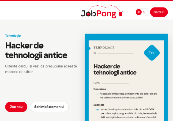 Cardul descoperit după aruncare, cu descrierea meseriei și butoanele de joc și distribuire